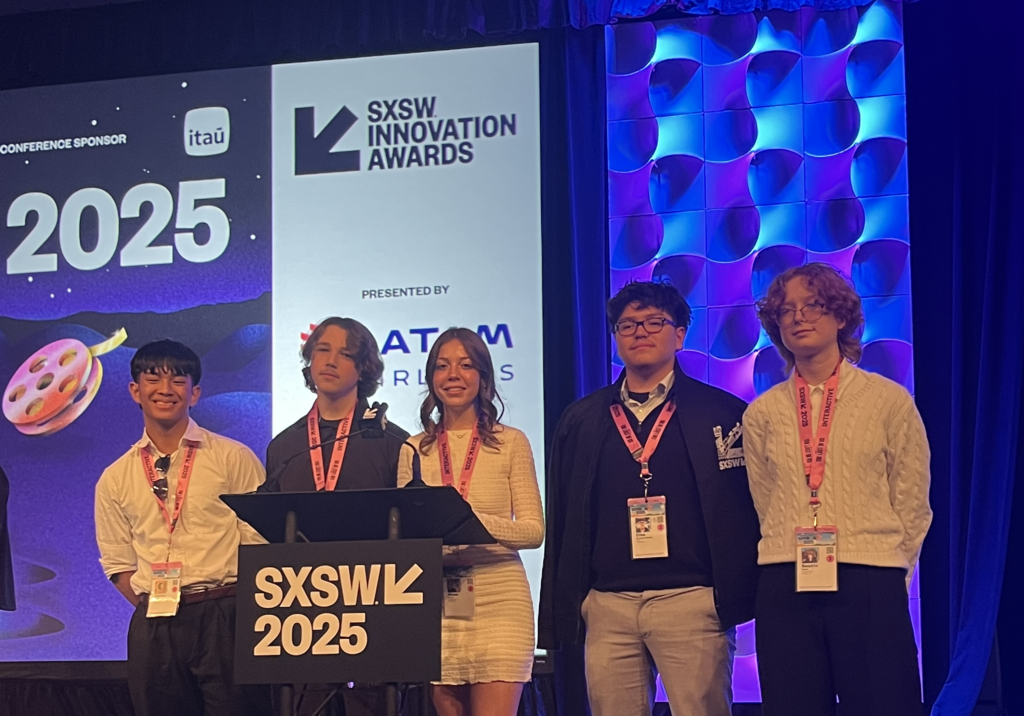 Five students on the Calistoga InvenTeam stand on stage at the SXSW Innovation Awards.