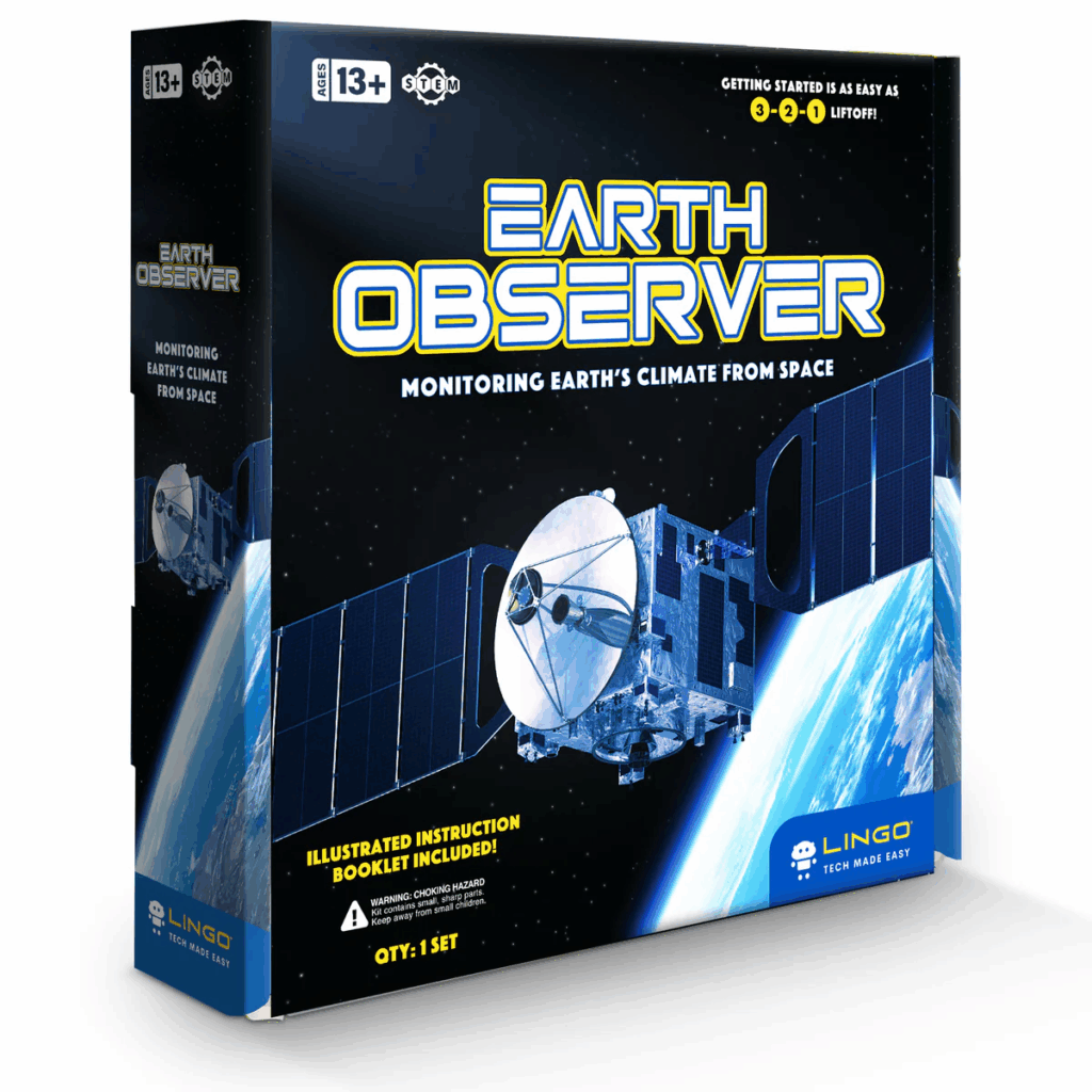 Model of the LINGO Earth Observer STEM Kit box, with branded packaging