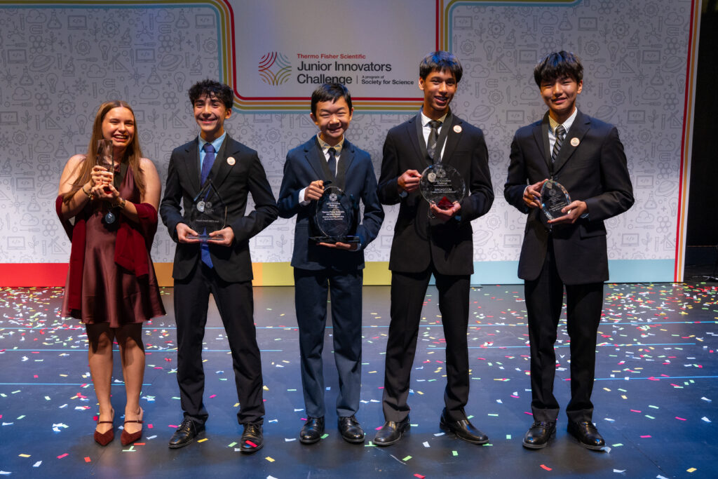 Akhil, Evann, (first and second at right) and other finalists at the Thermo Fisher Junior Innovators Challenge.