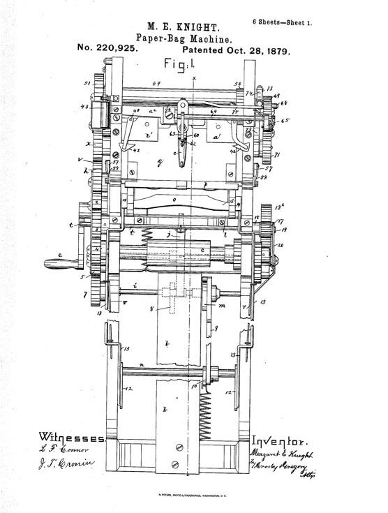 Illustration of Knight’s patent for the Paper Bag Machine. 