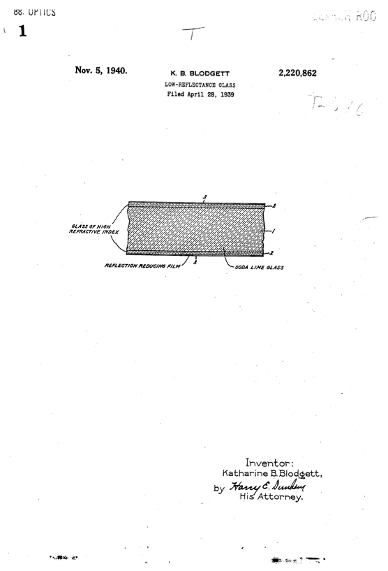 Illustration of Blodgett’s low reflective glass patent.