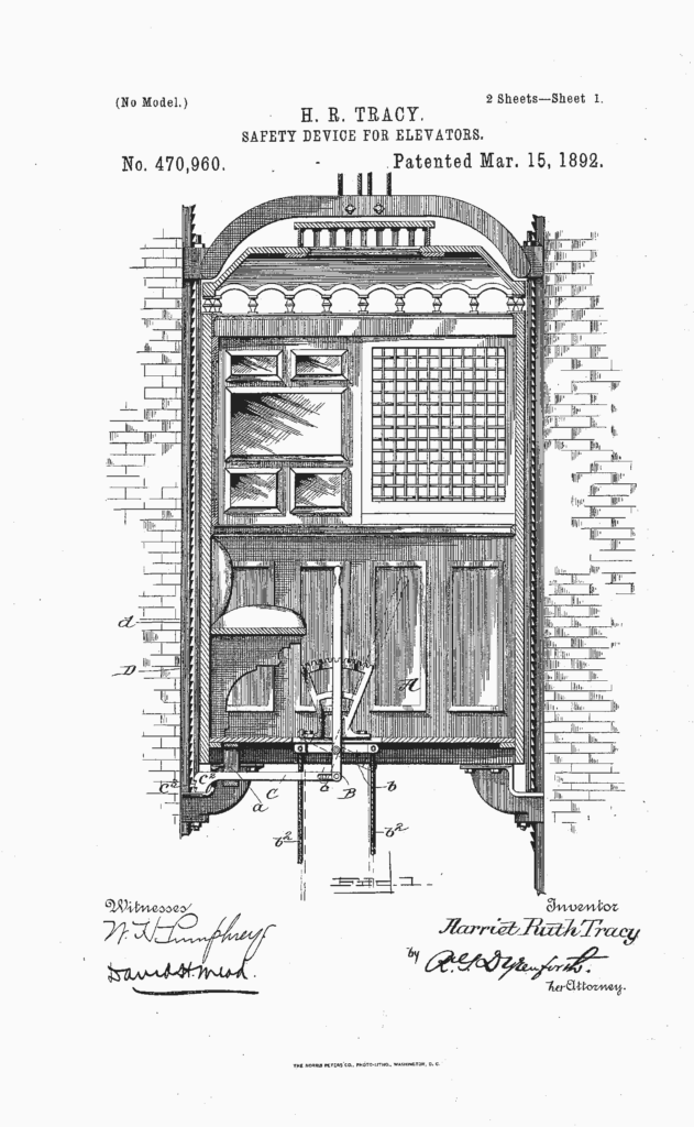 Illustration of Harriet Tracy’s safety device for elevators patent.