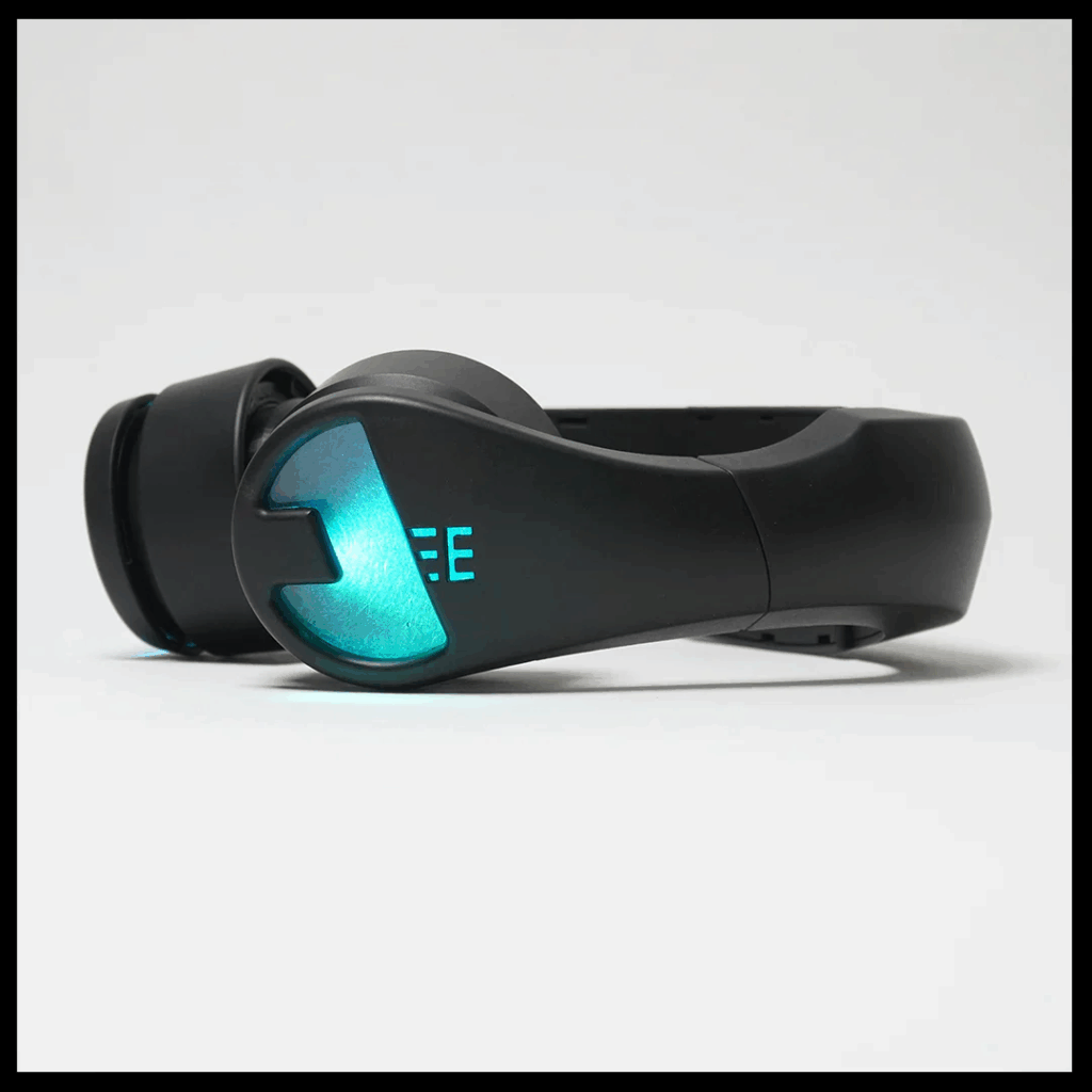 Product shot of the Electrospit ESX-1 model, a black device that partially emits blue light.