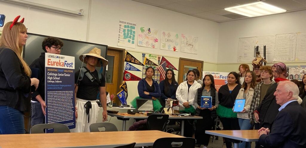 Halloween surprise: Heather Brooks and students on the LMIT Inventing Smart Solutions and InvenTeam are in a classroom presenting their SMART wearable Thermoregulatory device to Congressman Mike Thompson, who presented them with Certificates of Special Congressional Recognition.