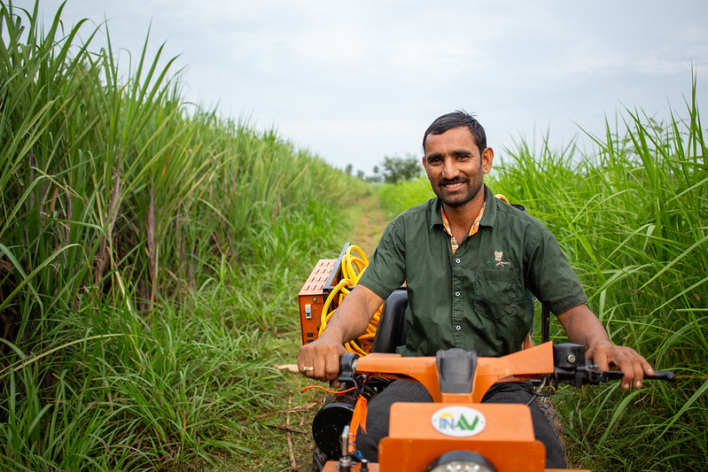 A paddy farmer smiles while working in a green field.
