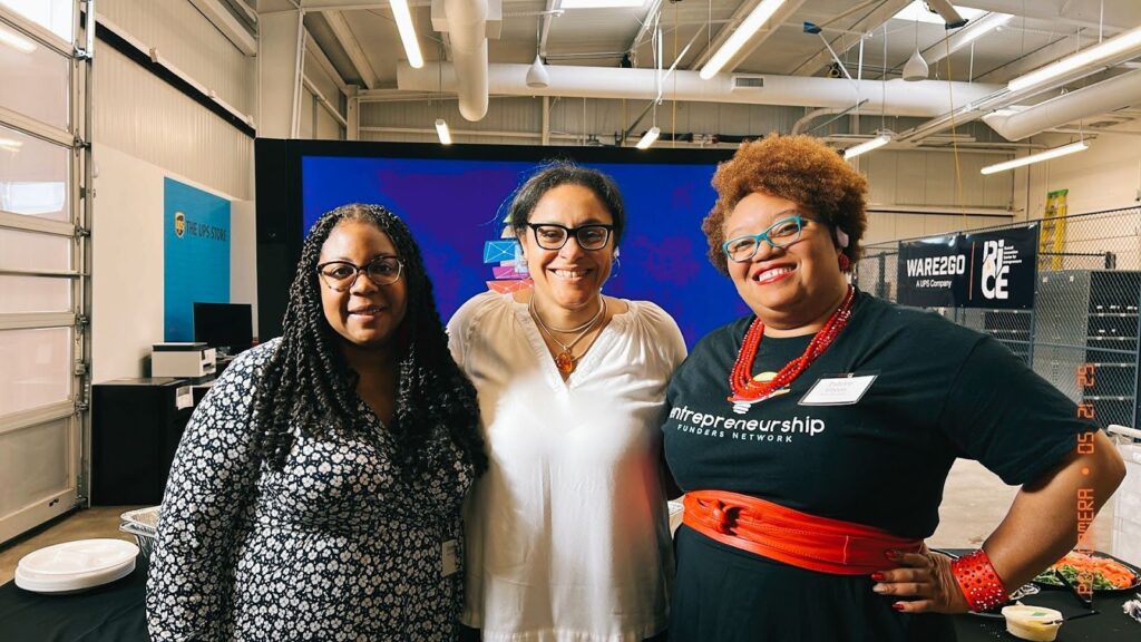 Danielle LeBlanc, left, and Patrice Green, right, of the Surdna Foundation with Aduba, center, at the 2025 EFN Spring Network Retreat in Atlanta, Georgia. Photo: Courtesy of EFN. 