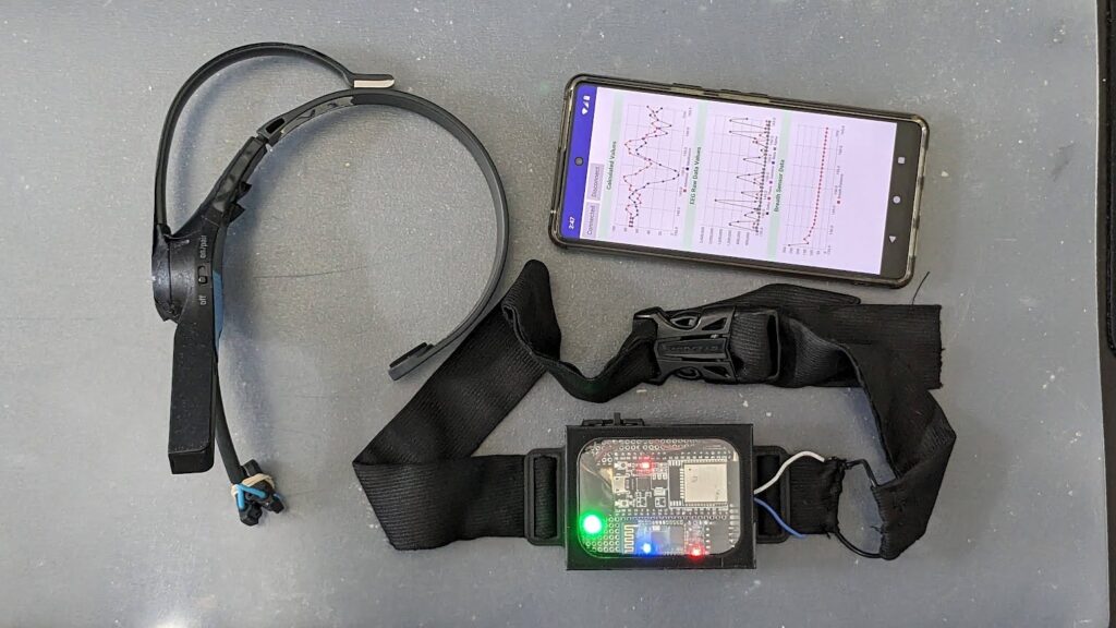 The NeuroBreath prototype uses a breathing sensor, EEG device, and app to detect mindfulness.
